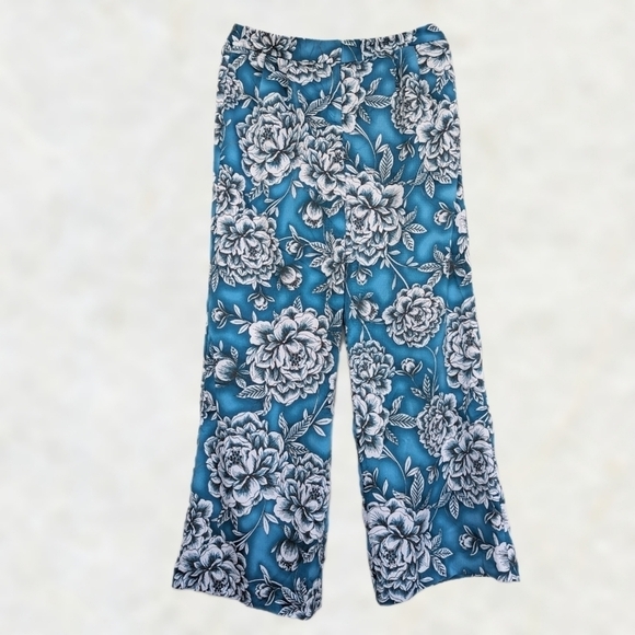 Worthington Floral Palazzo Pants Zip Front Pockets Teal White Abstract Floral - Picture 1 of 8
